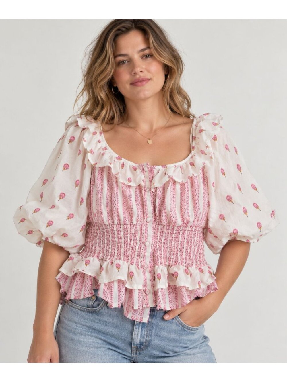 MNK Pink White Floral Block Print Smocked Peplum blouse Puff Sleeve size XL
